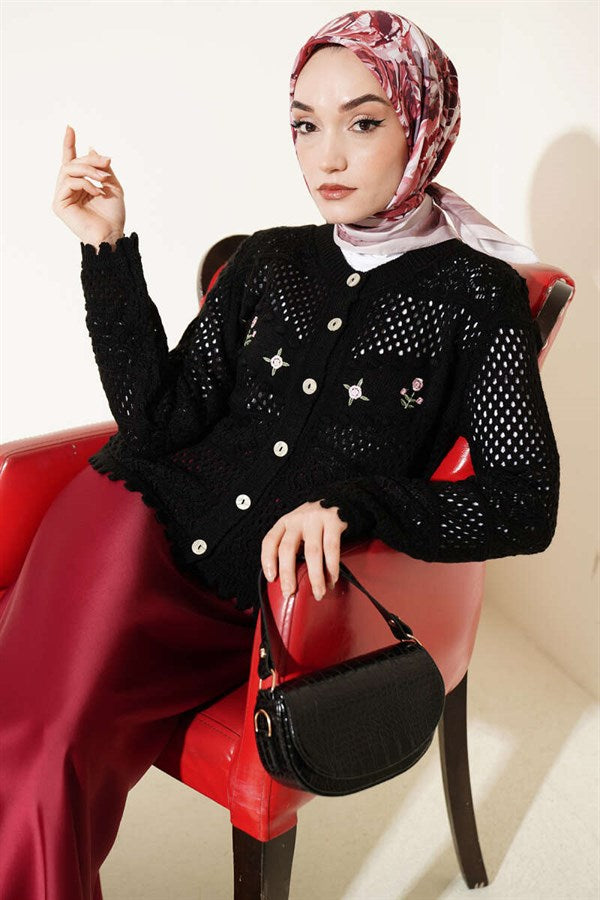 Floral Embroidery Openwork Short Knit Cardigan Black