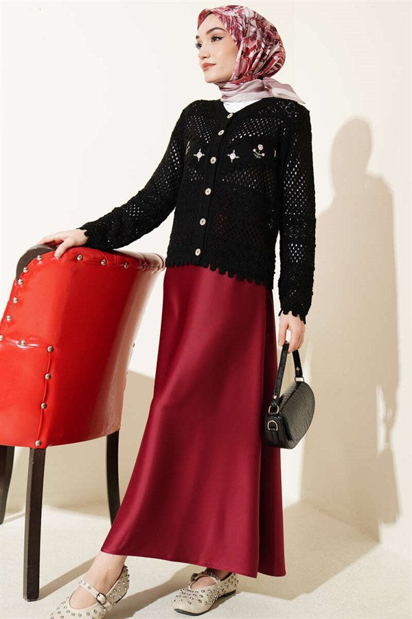 Floral Embroidery Openwork Short Knit Cardigan Black