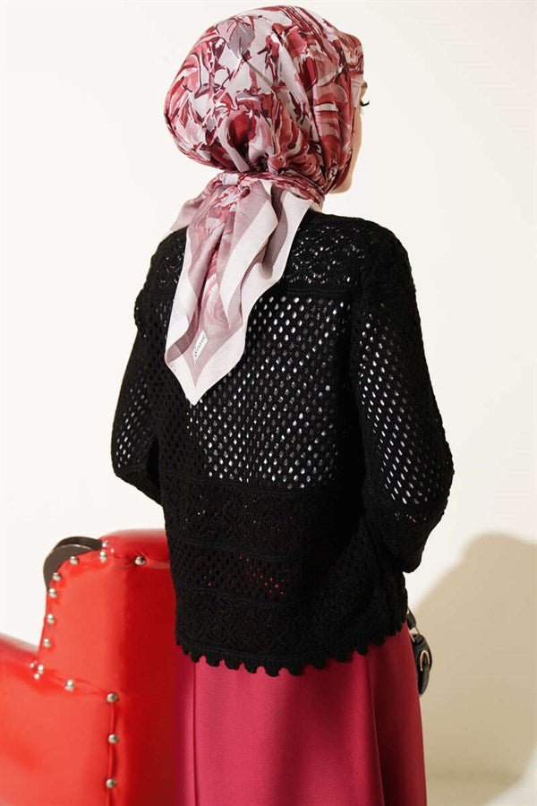 Floral Embroidery Openwork Short Knit Cardigan Black