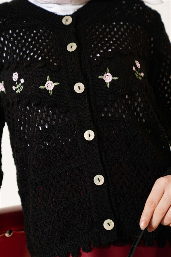 Floral Embroidery Openwork Short Knit Cardigan Black