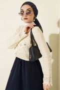 Floral Embroidered Openwork Short Knit Cardigan with Stones