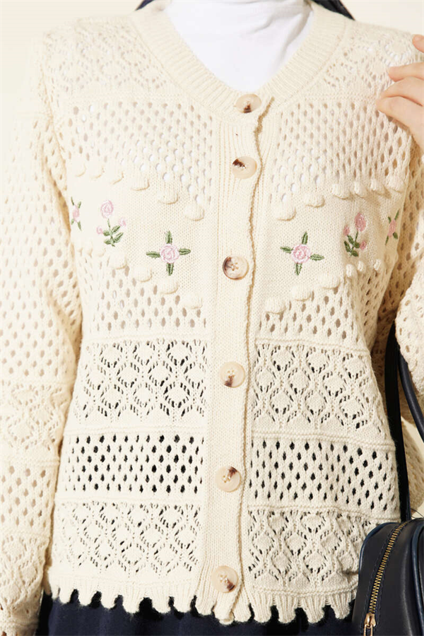 Floral Embroidered Openwork Short Knit Cardigan with Stones