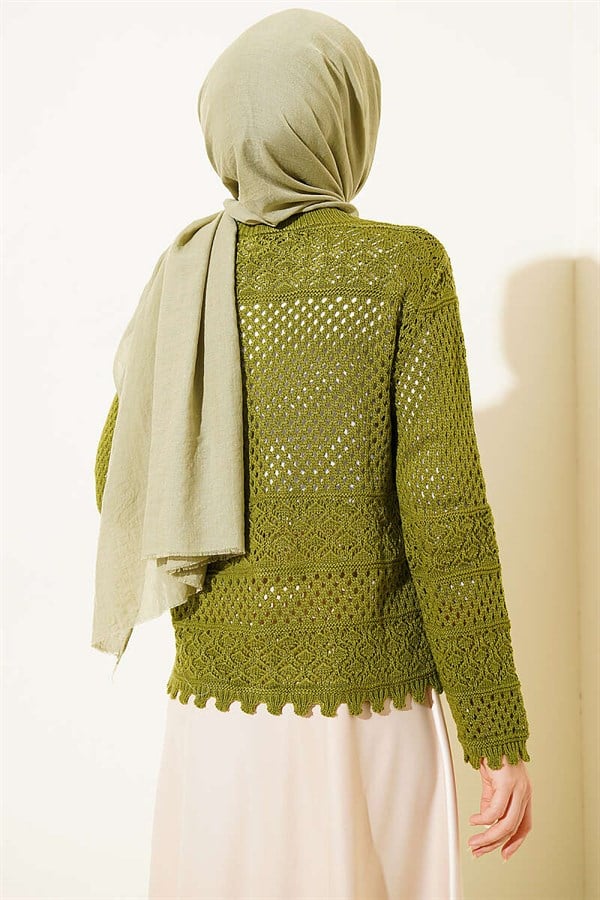 Floral Embroidery Openwork Short Knit Cardigan Green