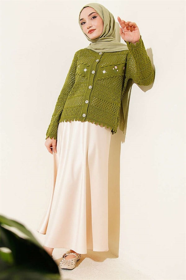 Floral Embroidery Openwork Short Knit Cardigan Green