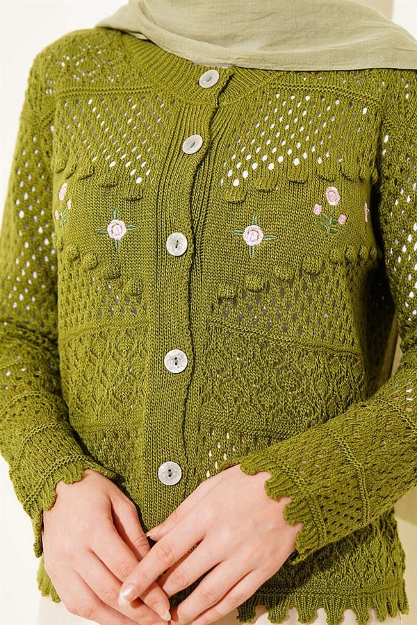 Floral Embroidery Openwork Short Knit Cardigan Green
