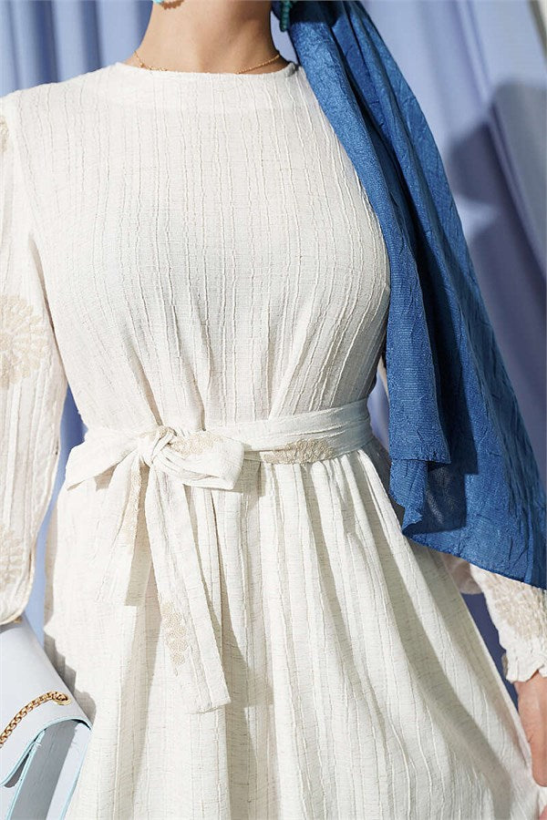 Navy Blue Dress with Floral Embroidery Detail
