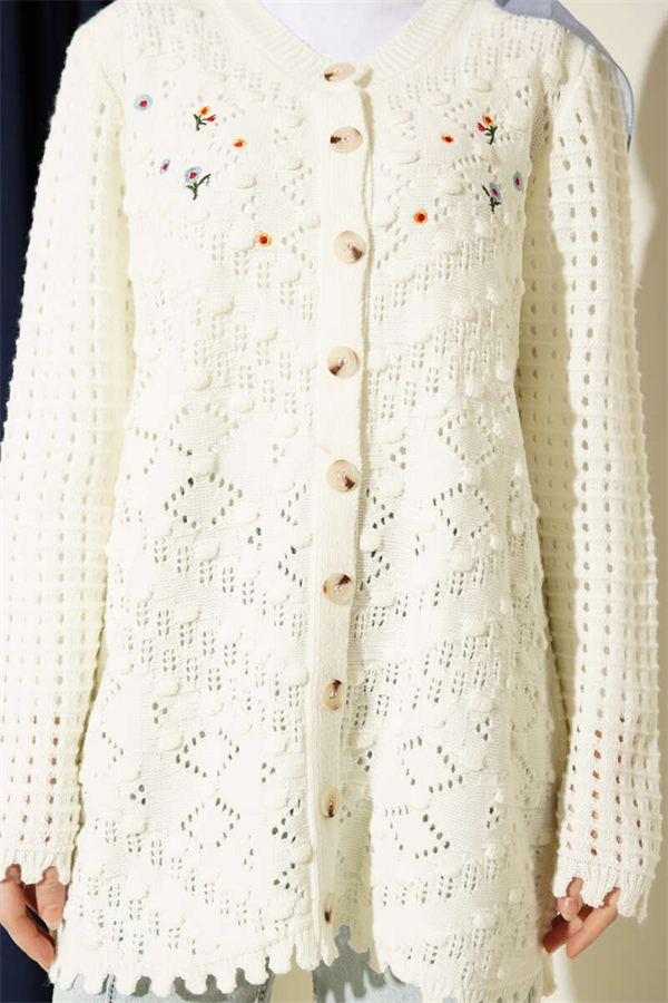 Floral Embroidered Openwork Knit Cardigan, Ecru