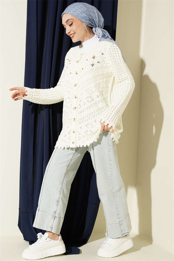 Floral Embroidered Openwork Knit Cardigan, Ecru