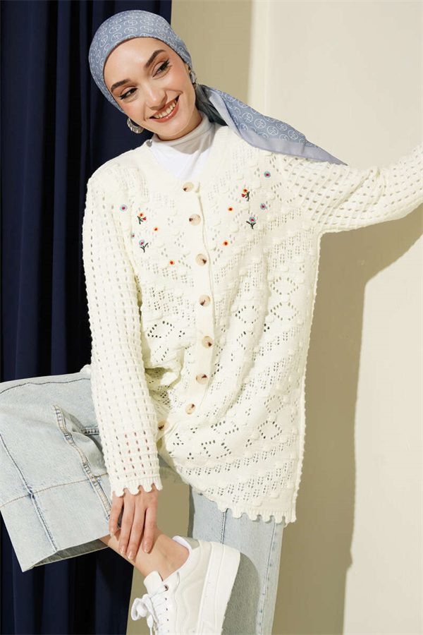 Floral Embroidered Openwork Knit Cardigan, Ecru