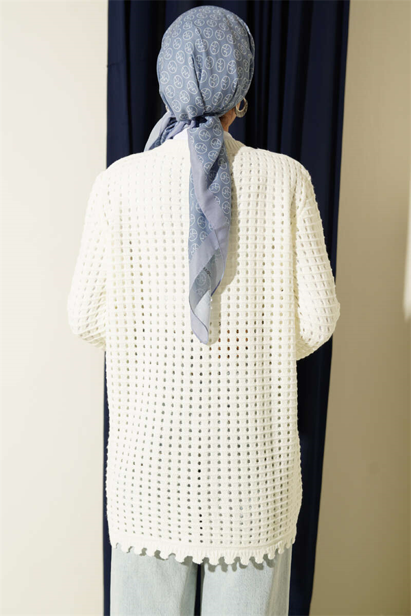 Floral Embroidered Openwork Knit Cardigan, Ecru