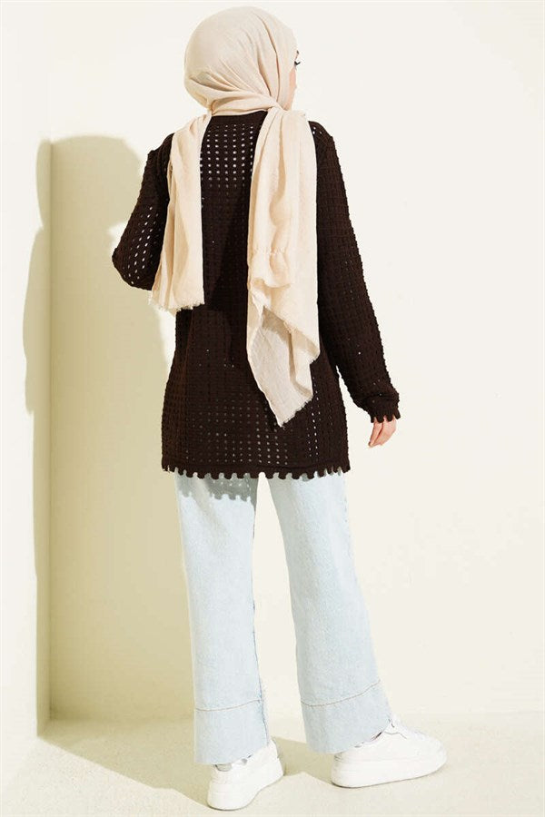 Floral Embroidered Openwork Knit Cardigan, Coffee