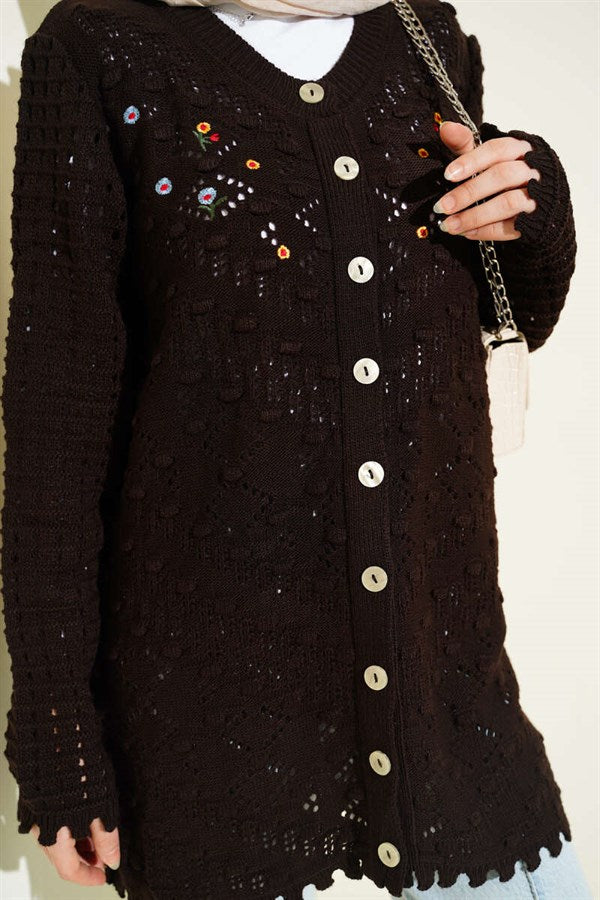 Floral Embroidered Openwork Knit Cardigan, Coffee