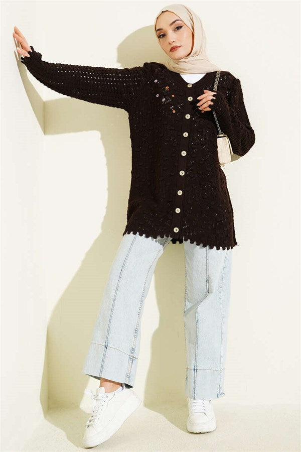 Floral Embroidered Openwork Knit Cardigan, Coffee