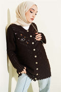 Floral Embroidered Openwork Knit Cardigan, Coffee