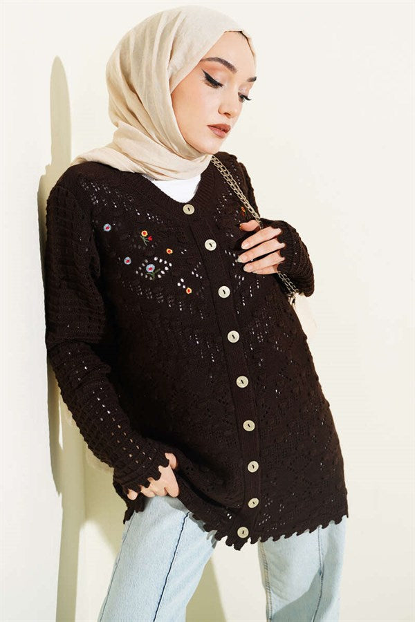 Floral Embroidered Openwork Knit Cardigan, Coffee
