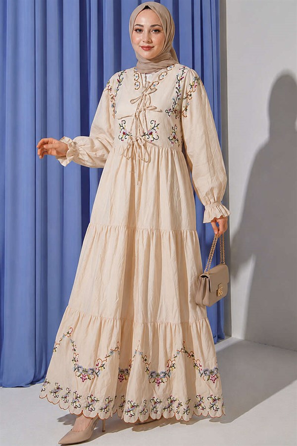 Beige Dress with Floral Embroidery and Elasticated Ankles