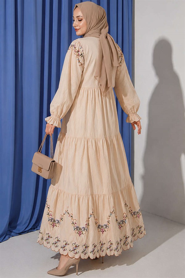 Beige Dress with Floral Embroidery and Elasticated Ankles