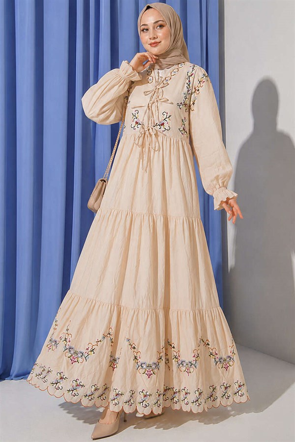 Beige Dress with Floral Embroidery and Elasticated Ankles