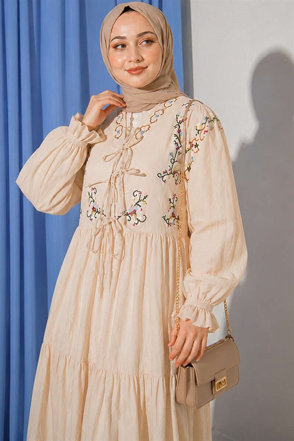 Beige Dress with Floral Embroidery and Elasticated Ankles
