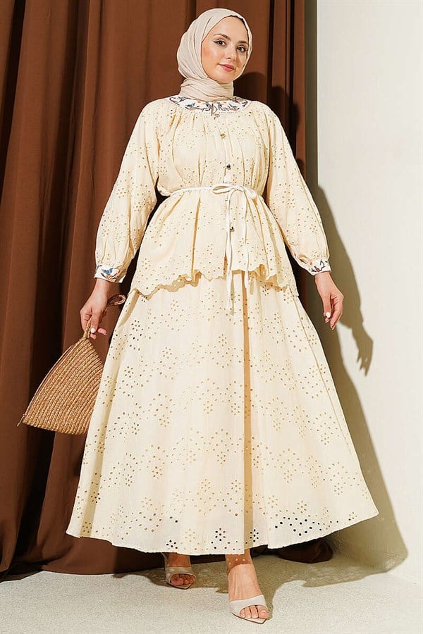 2 Piece Set with Floral Embroidered Skirt, Beige