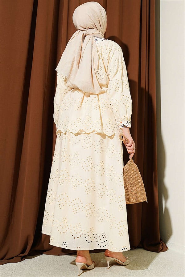 2 Piece Set with Floral Embroidered Skirt, Beige