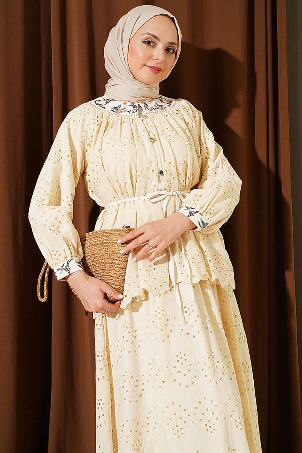 2 Piece Set with Floral Embroidered Skirt, Beige
