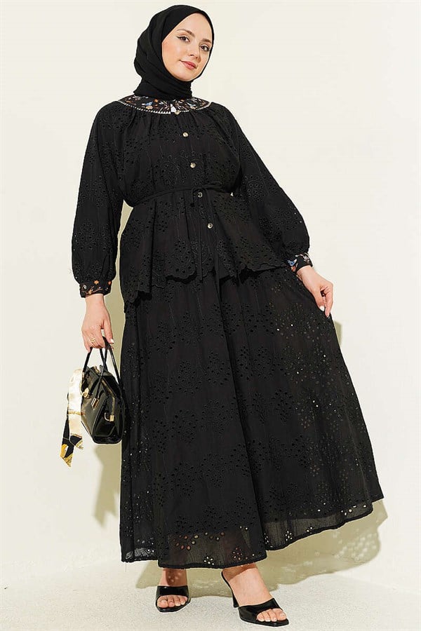 2 Piece Set with Floral Embroidered Skirt, Black
