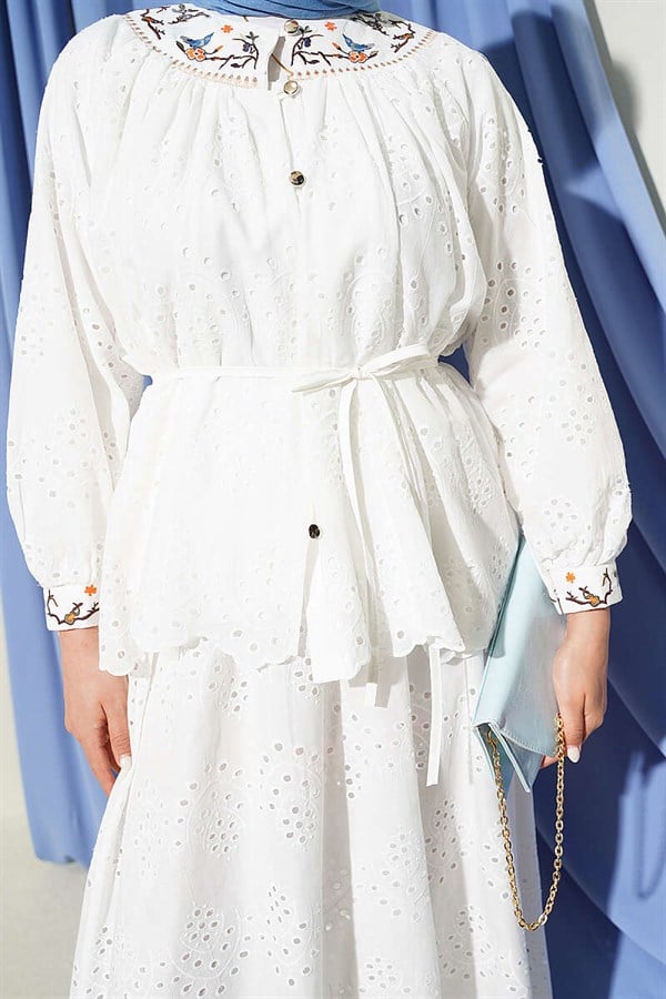 2 Piece Set with Floral Embroidered Skirt, Ecru