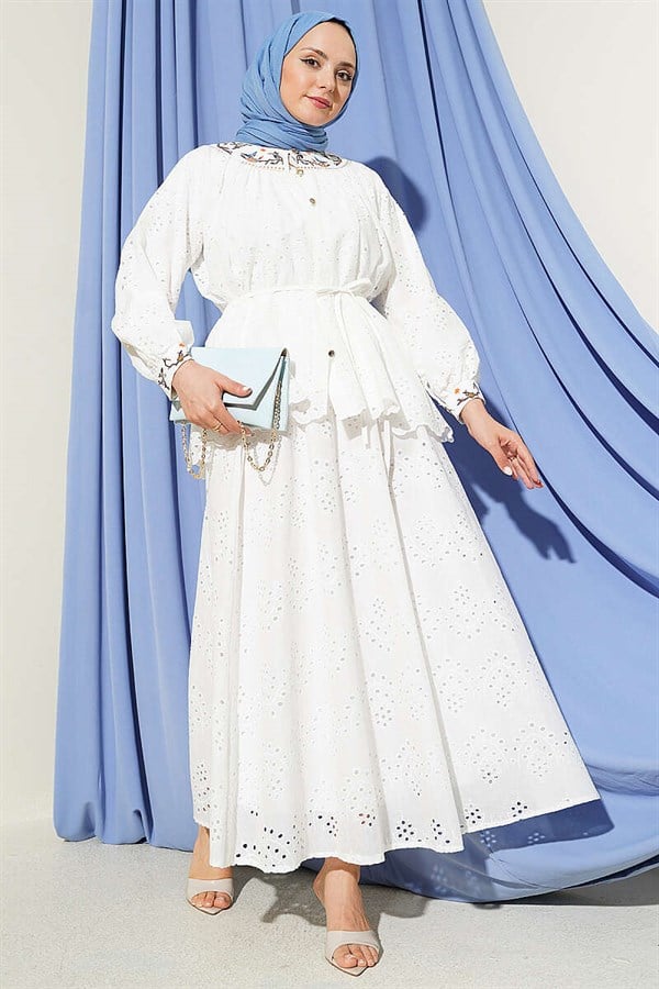 2 Piece Set with Floral Embroidered Skirt, Ecru