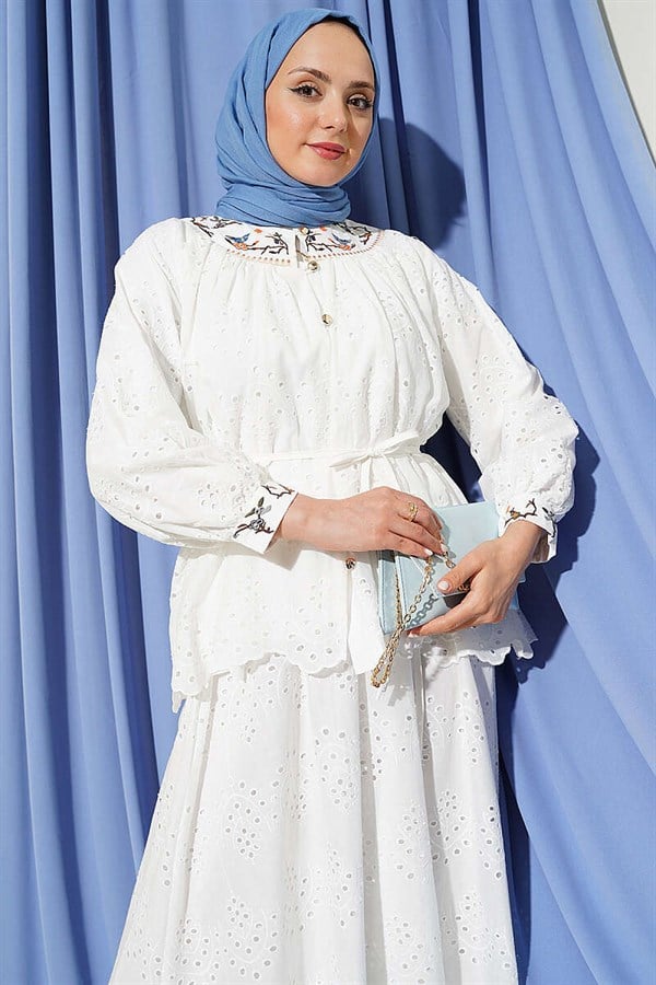 2 Piece Set with Floral Embroidered Skirt, Ecru