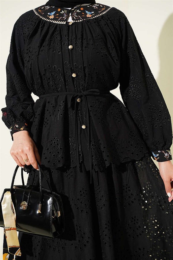 2 Piece Set with Floral Embroidered Skirt, Black