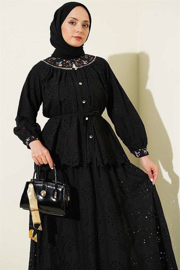 2 Piece Set with Floral Embroidered Skirt, Black