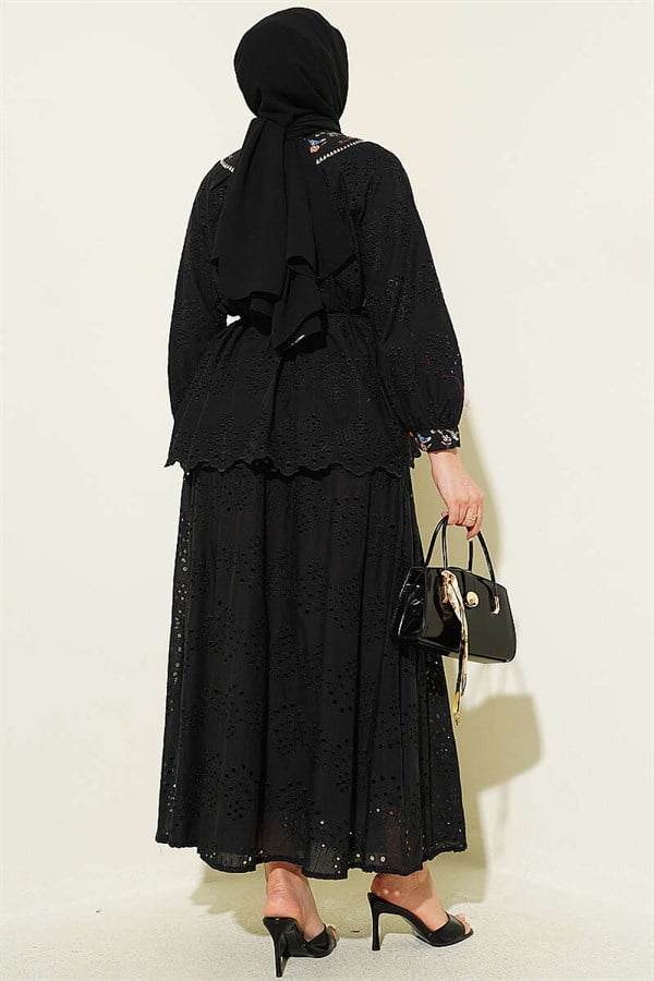 2 Piece Set with Floral Embroidered Skirt, Black
