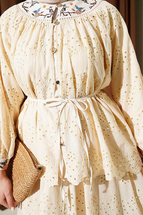 2 Piece Set with Floral Embroidered Skirt, Beige