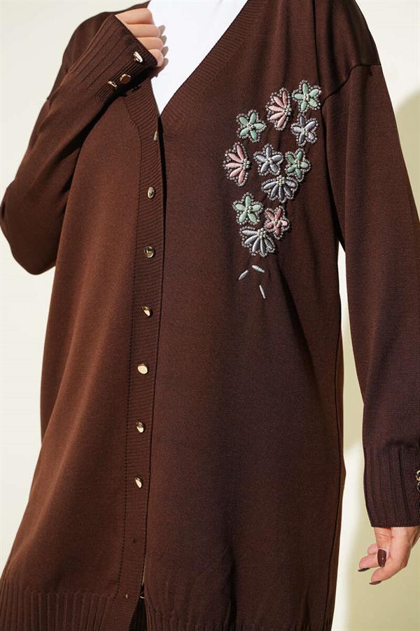 Floral Embroidered Buttoned Mercerized Cardigan Brown