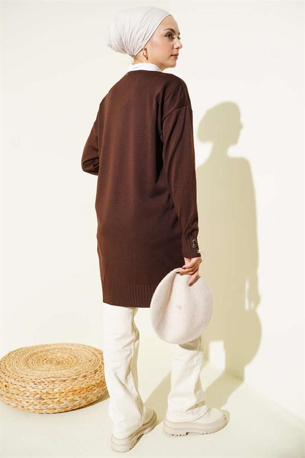 Floral Embroidered Buttoned Mercerized Cardigan Brown