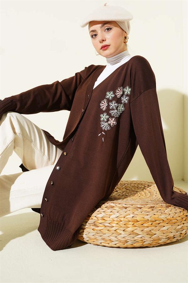Floral Embroidered Buttoned Mercerized Cardigan Brown