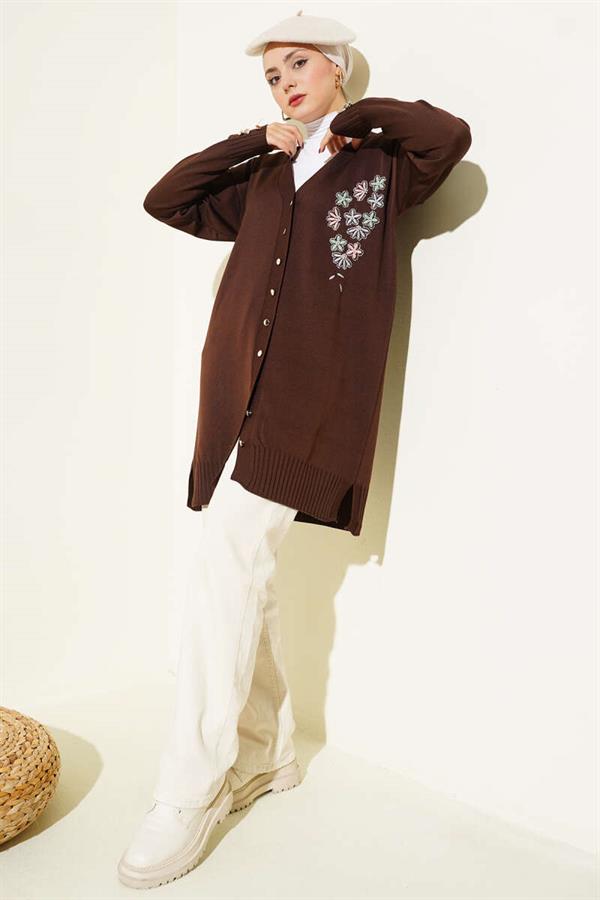 Floral Embroidered Buttoned Mercerized Cardigan Brown