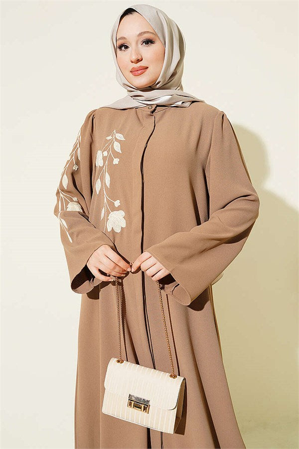 Latte Abaya with Floral Embroidery and Hidden Buttons