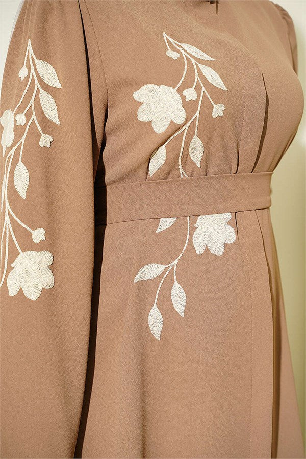 Latte Abaya with Floral Embroidery and Hidden Buttons