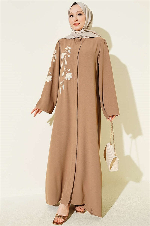 Latte Abaya with Floral Embroidery and Hidden Buttons