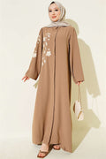 Latte Abaya with Floral Embroidery and Hidden Buttons