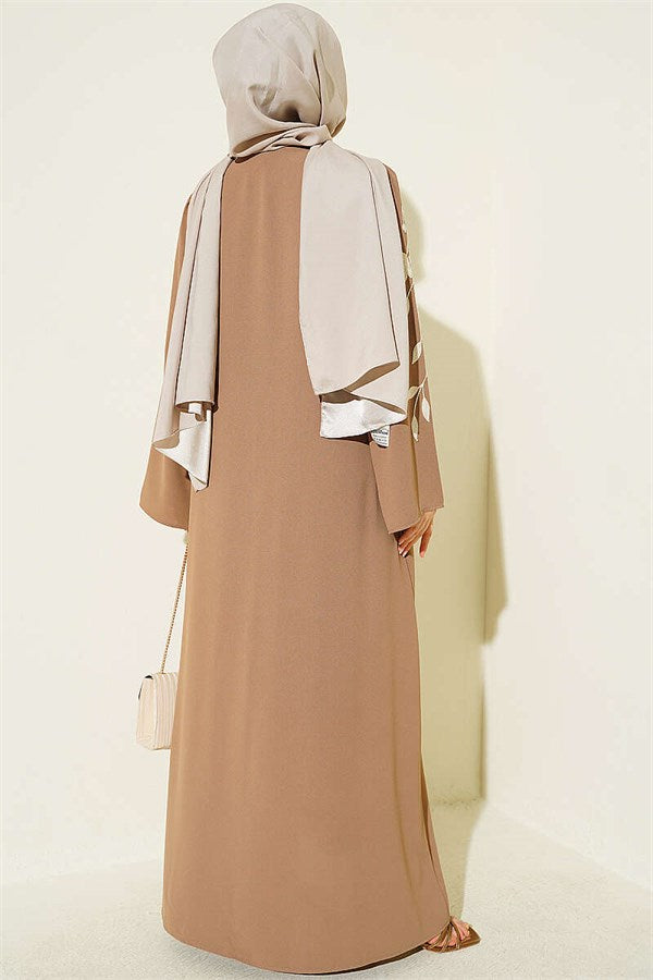 Latte Abaya with Floral Embroidery and Hidden Buttons