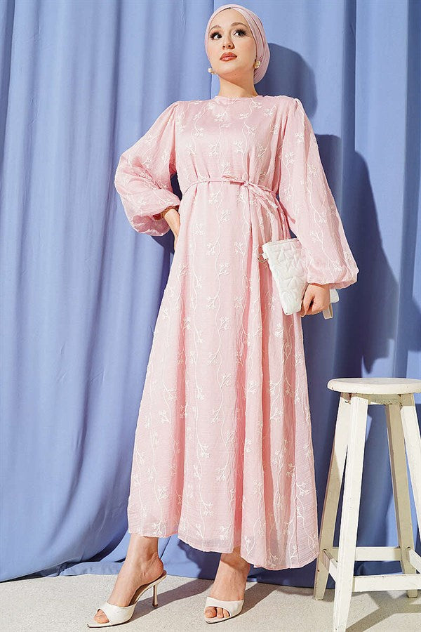 Pink Balloon Sleeve Dress with Floral Embroidery and Strappy Belt