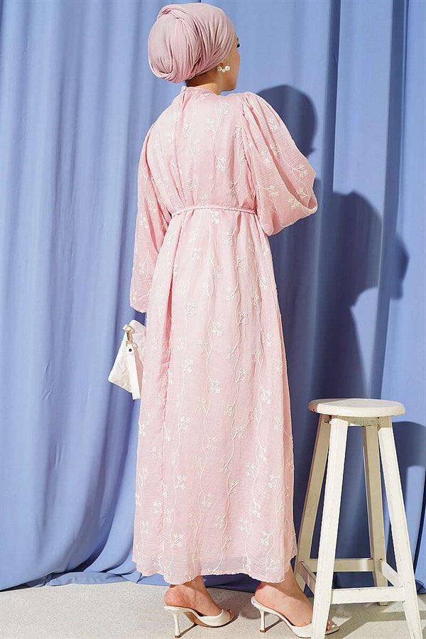 Pink Balloon Sleeve Dress with Floral Embroidery and Strappy Belt