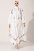 Two-Piece Set with Floral Embroidered Linen Skirt, White