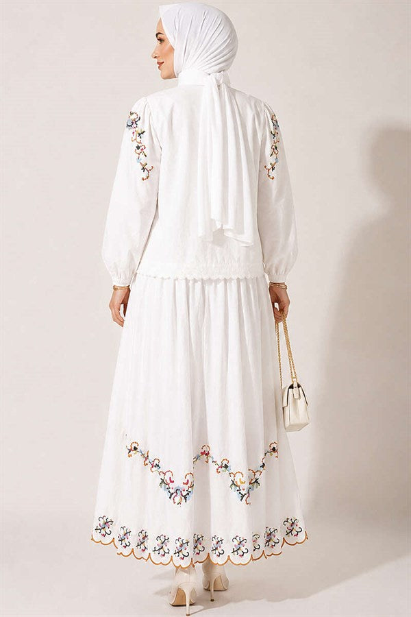 Two-Piece Set with Floral Embroidered Linen Skirt, White