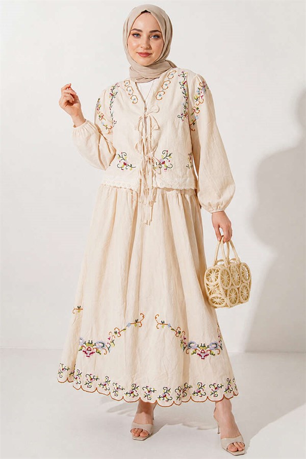 Two-Piece Set with Floral Embroidered Linen Skirt, Beige