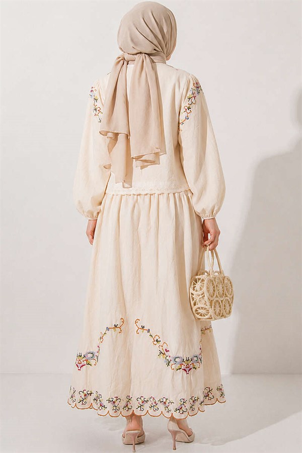 Two-Piece Set with Floral Embroidered Linen Skirt, Beige