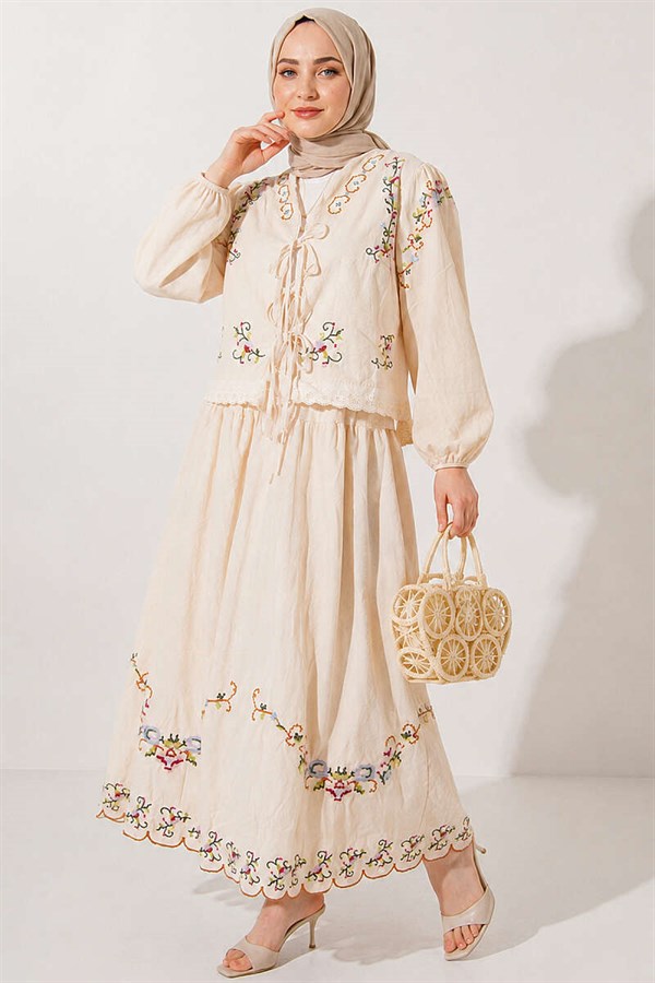 Two-Piece Set with Floral Embroidered Linen Skirt, Beige